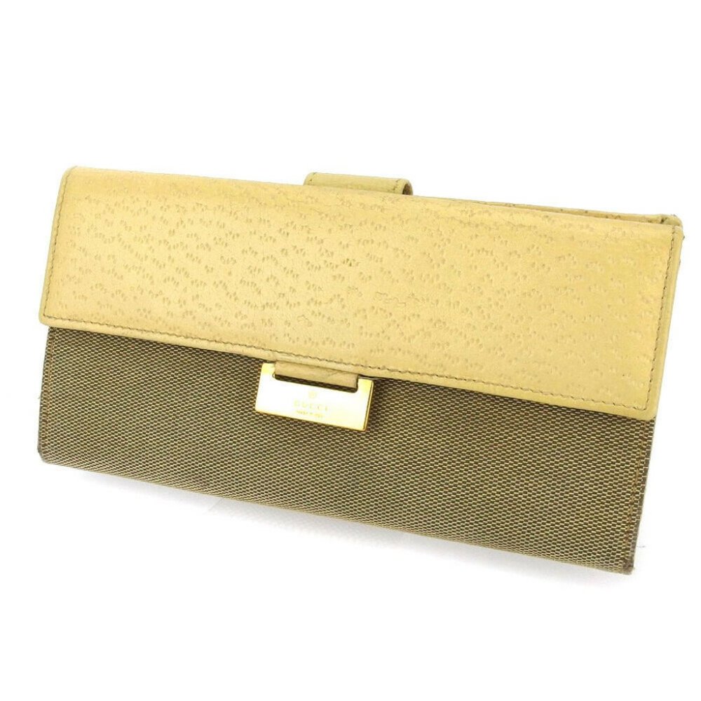 GUCCI wallet logo plate beige canvas ~ leather Authentic used